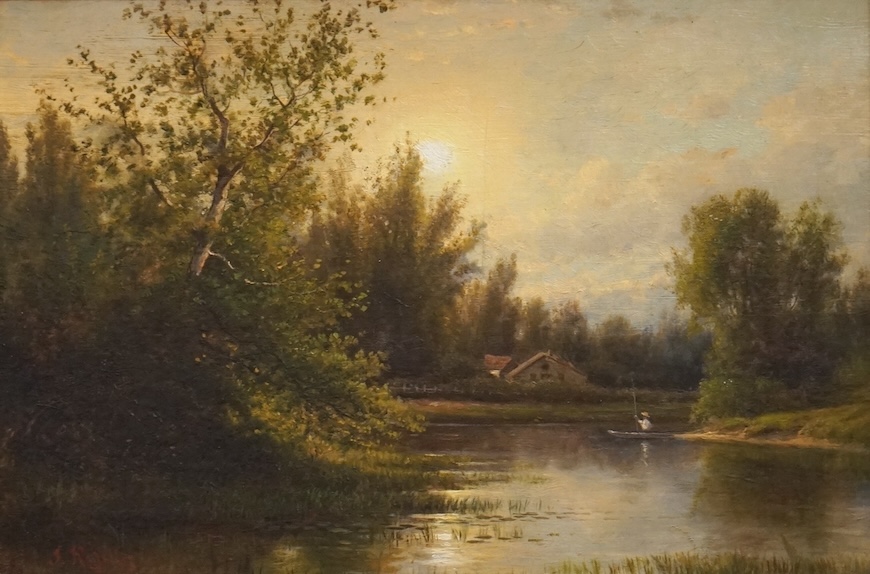 J. Ripley (19th. C), Riverscape, signed, oil on canvas, 29 x 43cm, gilt framed